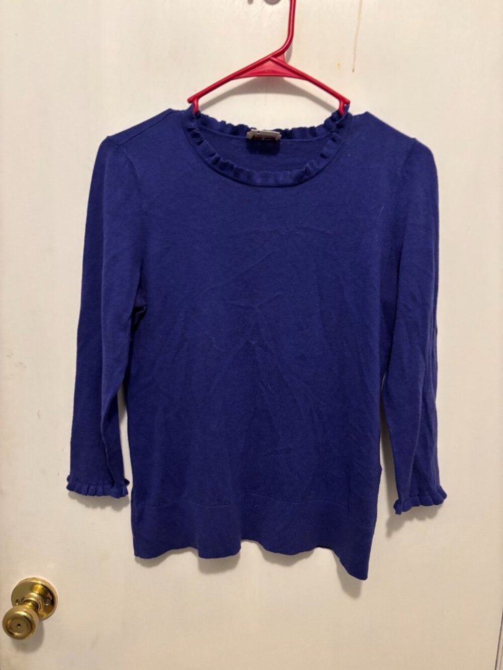 Kate Spade SZ Medium 3/4 Sleeve Pull Over Sweater Ruffle Trim Neckline & Sleeve